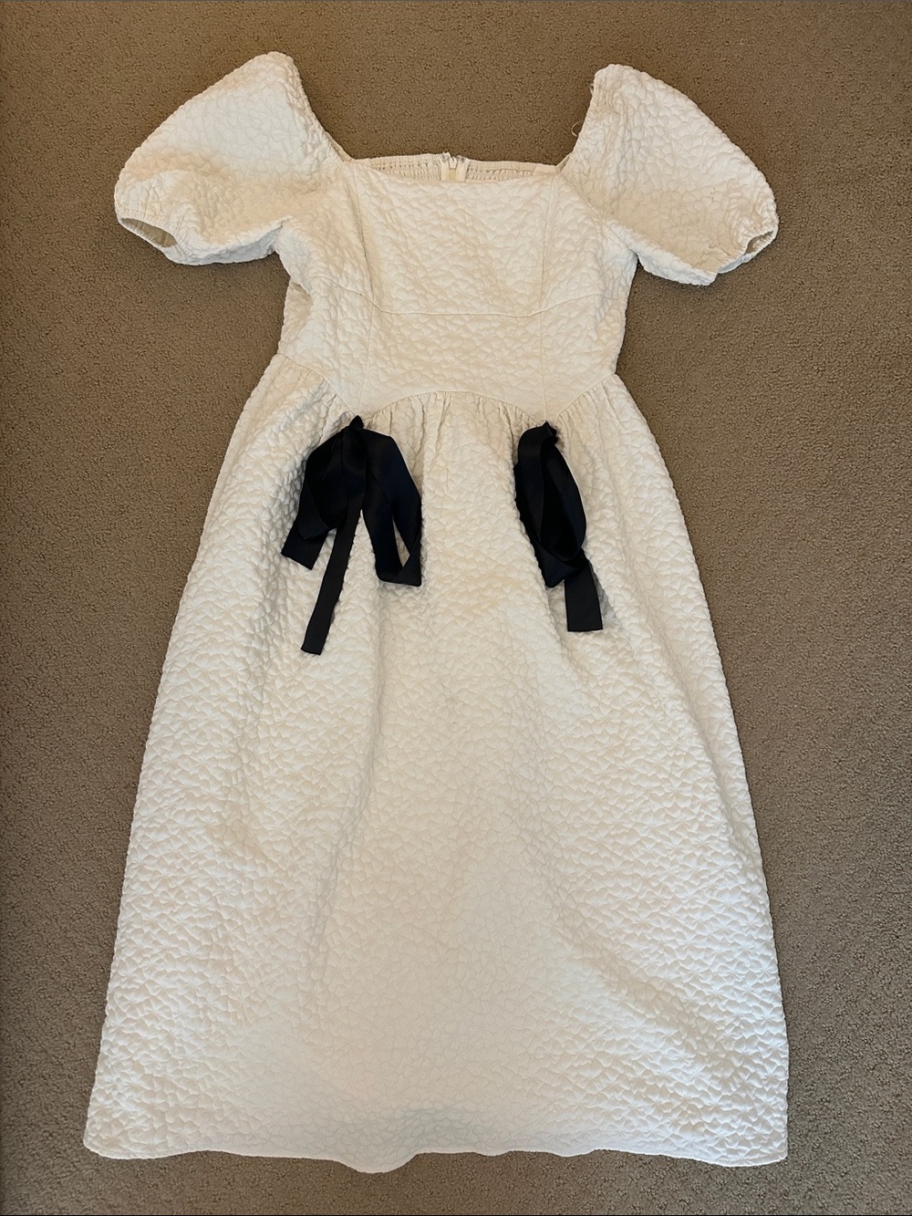 bohme Ivory Textured Maxi Dress with Black Ribbon Details